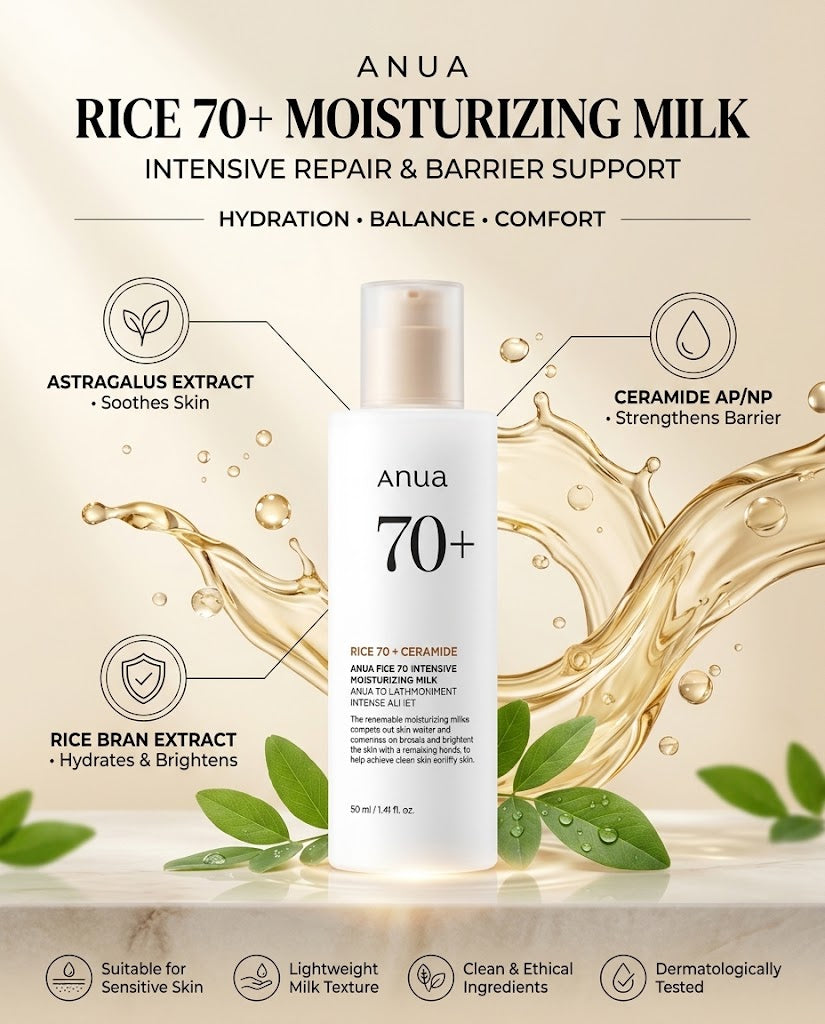 Anua Rice 70 + Ceramide Intensive Moisturizing Milk | Lightweight Lotion