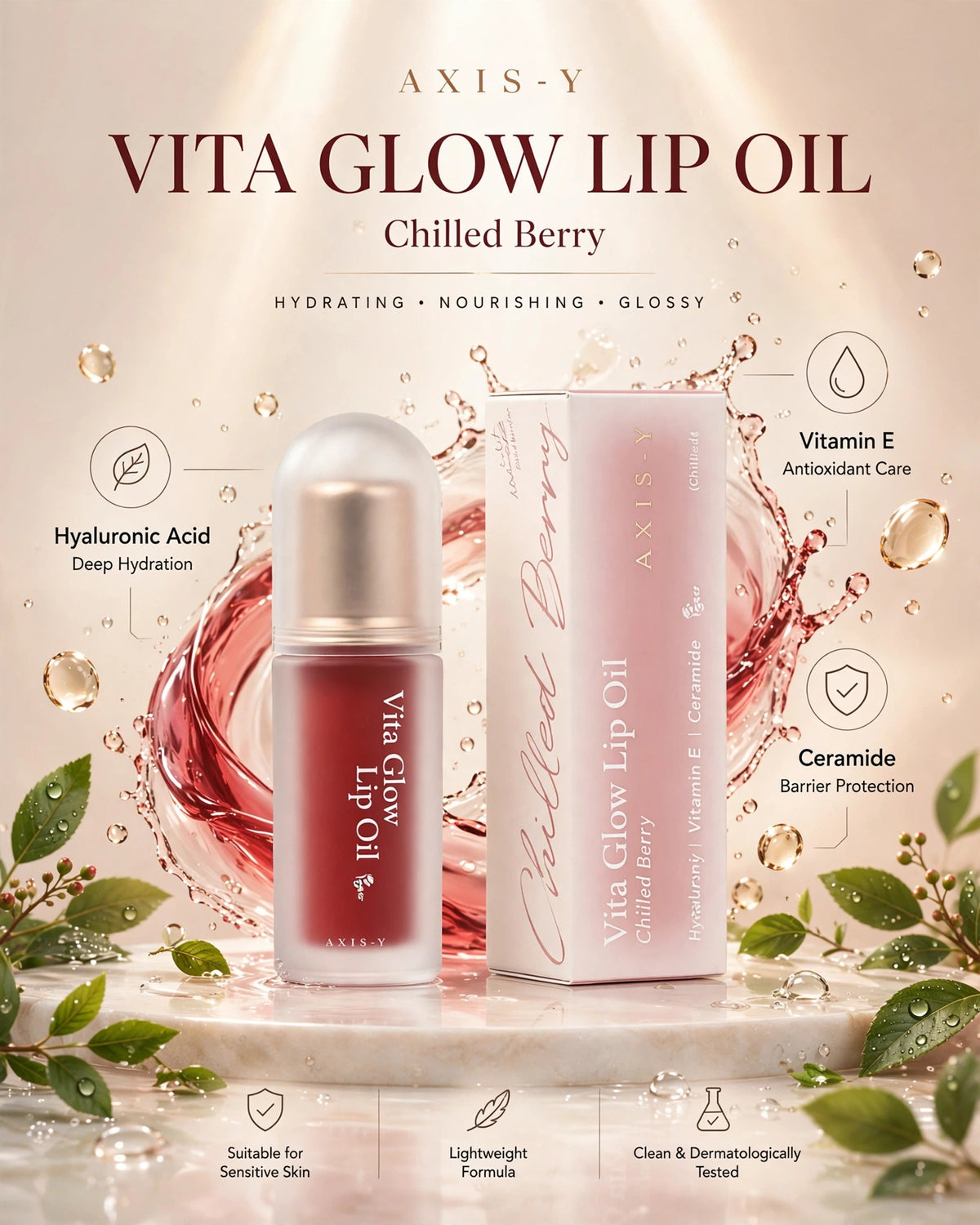 AXIS-Y Vita Glow Lip Oil - Chilled Berry (4.5g) | Hydrating Tinted Lip Treatment