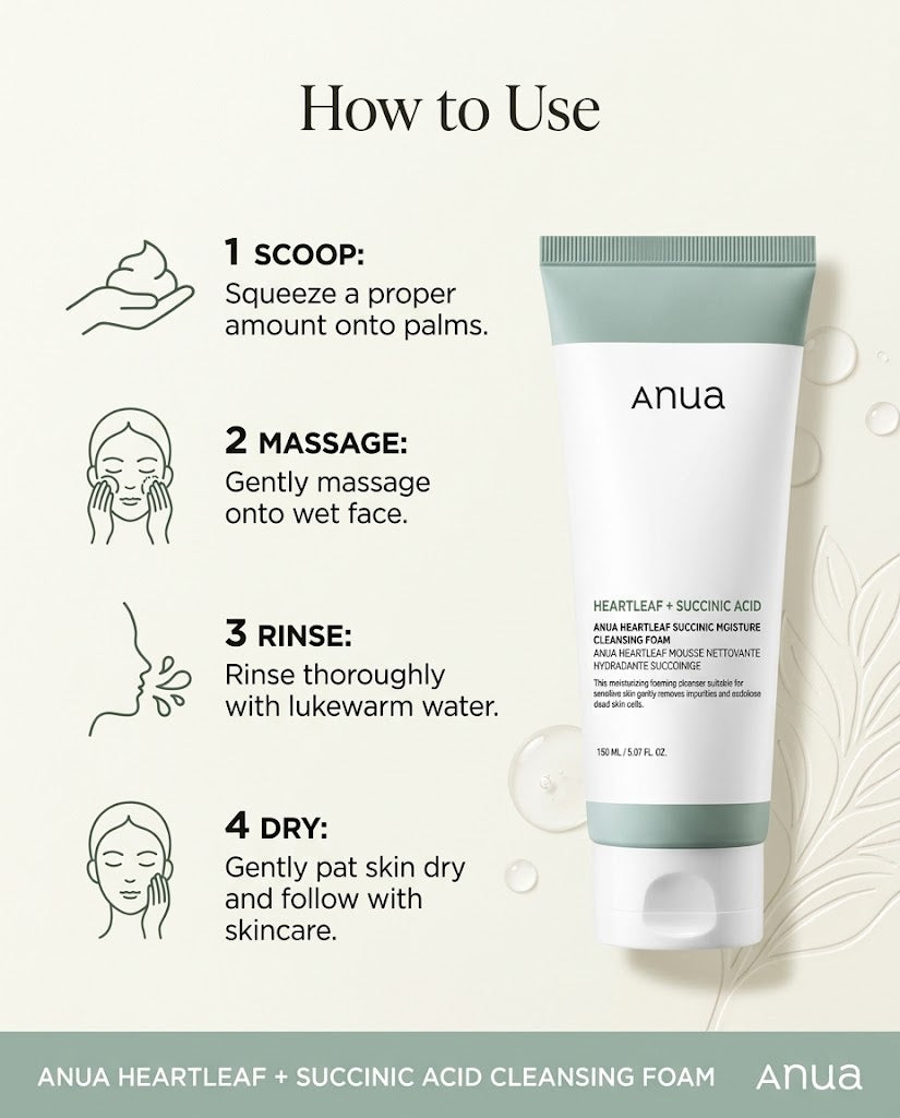 Anua Heartleaf + Succinic Acid Moisture Cleansing Foam (150ml) – Gentle pH-Balanced Cleanser