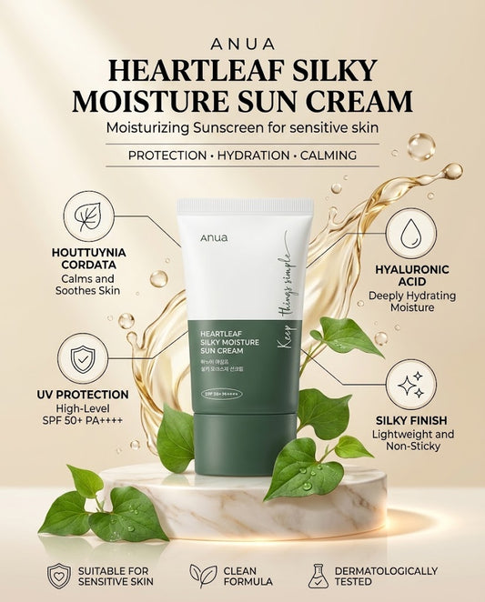 Anua Heartleaf Silky Moisture Sun Cream SPF50+ (50ml) – Lightweight Soothing Sunscreen