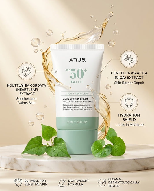 Anua Airy Sun Cream SPF50+ Cica + Heartleaf (50ml) – Mineral Sunscreen