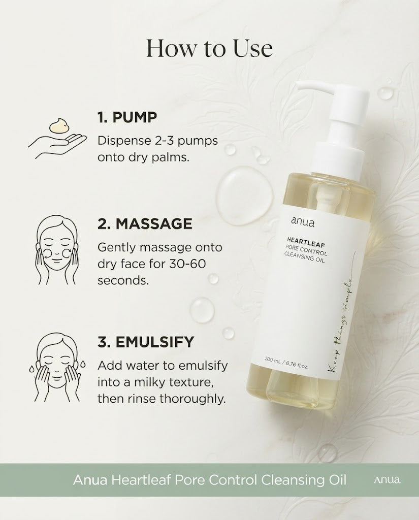 Anua Heartleaf Cleansing Oil Korean Skincare K-Beauty Oil Cleanser Double Cleansing Blackhead Remover Pore Control Cleanser Acne Prone Skin Cleanser Makeup Remover Sebum Control Sensitive Skin Skincare