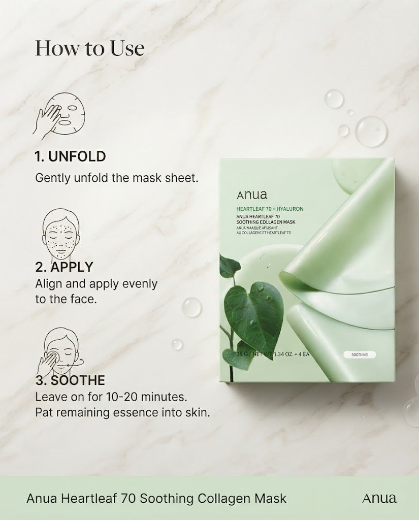 Anua Heartleaf 70 + Hyaluron Soothing Collagen Mask (4 Sheets) | Firming & Calming Hydrogel