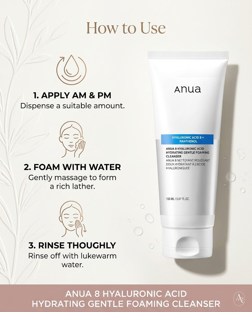 Anua 8 Hyaluronic Acid Hydrating Gentle Foaming Cleanser (150ml) – Cream-to-Foam Face Wash