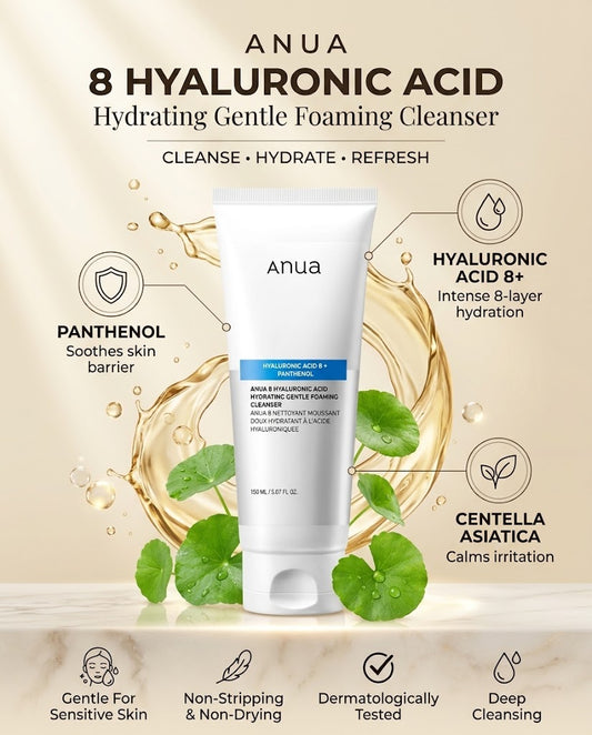 Anua 8 Hyaluronic Acid Hydrating Gentle Foaming Cleanser (150ml) – Cream-to-Foam Face Wash
