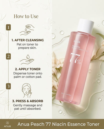 Anua Peach 77 Niacin Essence Toner (250ml) – Hydrating & Brightening Glass Skin Toner