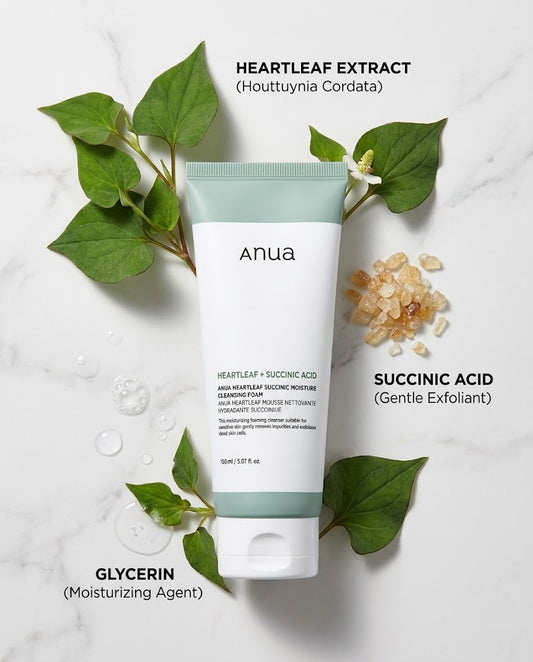 Anua Heartleaf + Succinic Acid Moisture Cleansing Foam (150ml) – Gentle pH-Balanced Cleanser