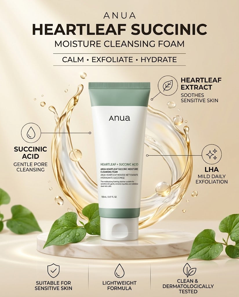 Anua Heartleaf + Succinic Acid Moisture Cleansing Foam (150ml) – Gentle pH-Balanced Cleanser