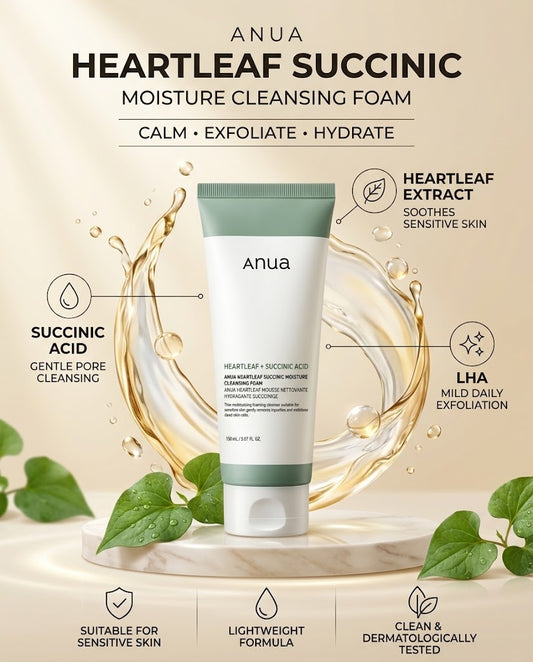 Anua Heartleaf + Succinic Acid Moisture Cleansing Foam (150ml) – Gentle pH-Balanced Cleanser