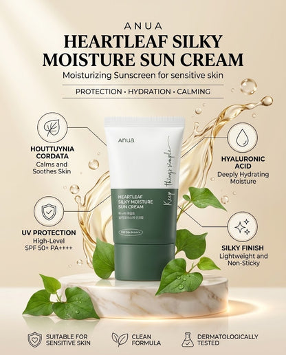 Anua Heartleaf Silky Moisture Sun Cream SPF50+ (50ml) – Lightweight Soothing Sunscreen