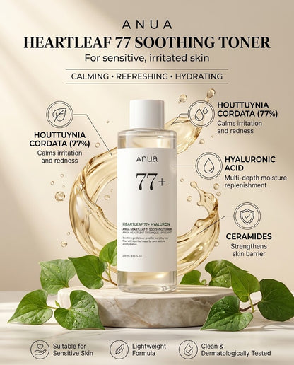 Anua Heartleaf 77 + Hyaluron Soothing Toner (250ml) – Cult-Favorite Redness Relief Toner