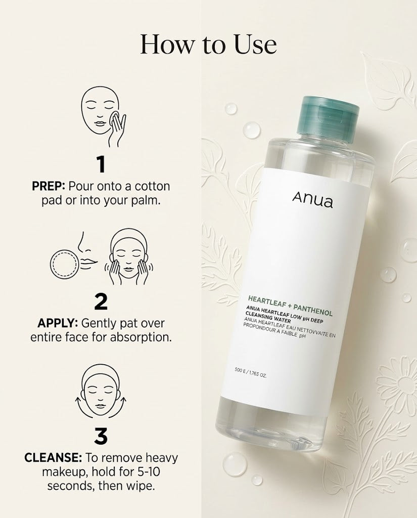 Anua Heartleaf + Panthenol Low pH Deep Cleansing Water (500ml) – Gentle Makeup Remover