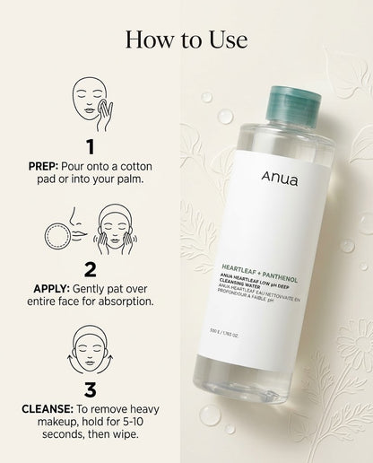 Anua Heartleaf + Panthenol Low pH Deep Cleansing Water (500ml) – Gentle Makeup Remover