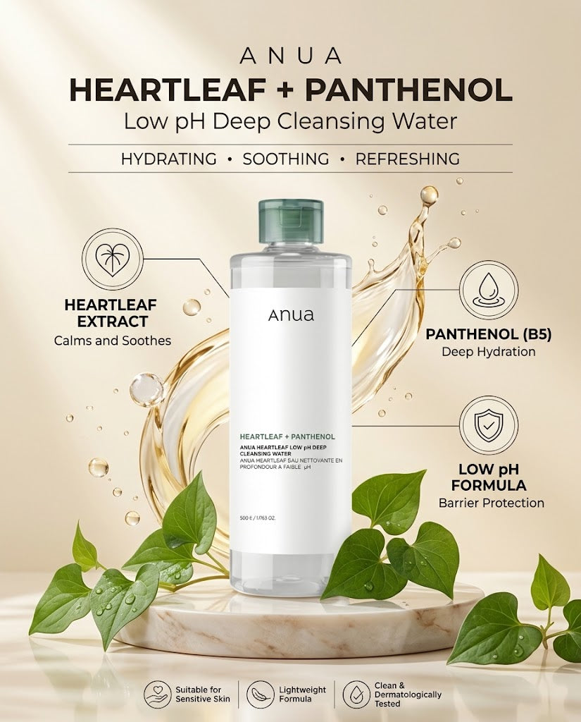 Anua Heartleaf + Panthenol Low pH Deep Cleansing Water (500ml) – Gentle Makeup Remover