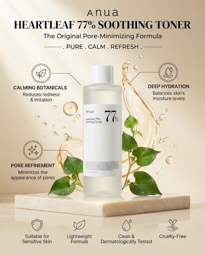 Anua Heartleaf 77% Soothing Toner (250ml) - Calming Facial Toner for Sensitive & Acne-Prone Skin