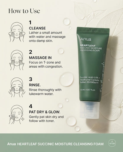 Anua Heartleaf Succinic Moisture Cleansing Foam - Gentle Acne Care