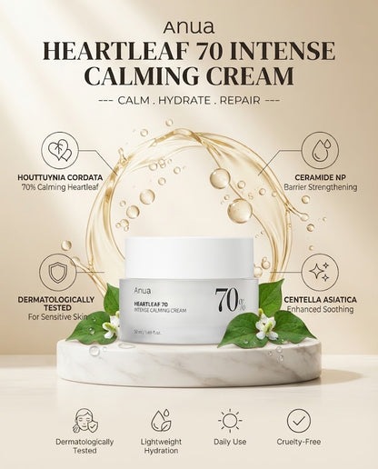 Anua Heartleaf 70% Intense Calming Cream (50ml) | Soothing Barrier Moisturizer