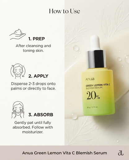 Anua Green Lemon Vita C Blemish Serum 20% (20g) – Fade Dark Spots & Brighten Skin
