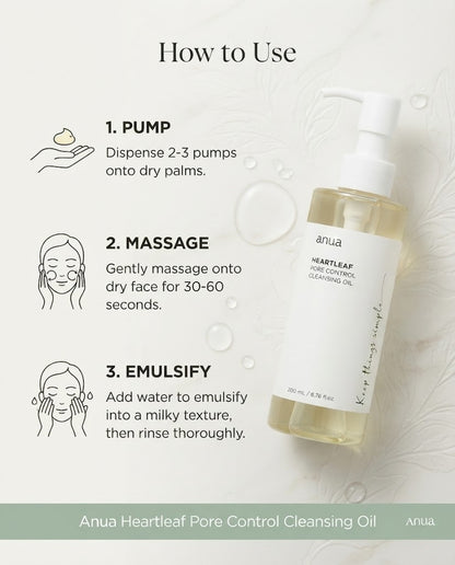 Anua Heartleaf Cleansing Oil Korean Skincare K-Beauty Oil Cleanser Double Cleansing Blackhead Remover Pore Control Cleanser Acne Prone Skin Cleanser Makeup Remover Sebum Control Sensitive Skin Skincare