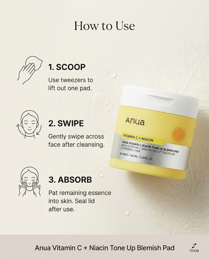 Anua Vitamin C Niacin Tone Up Blemish Pad (60 Pads) | Brightening & Exfoliating Toner