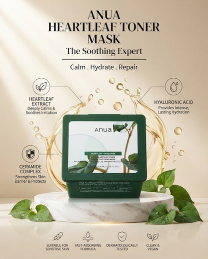 Anua Heartleaf Toner Double Soothing Mask (30 Sheets) | Calming Daily Sheet Masks