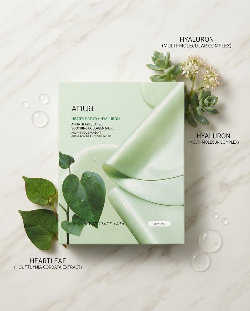 Anua Heartleaf 70 + Hyaluron Soothing Collagen Mask (4 Sheets) | Firming & Calming Hydrogel