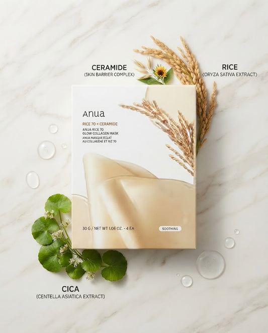 Anua Rice 70 + Ceramide Glow Collagen Mask (4-Pack) - Glass Skin Hydrogel Mask