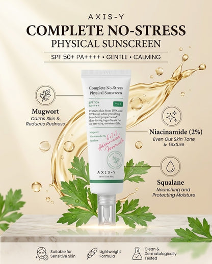 AXIS-Y Complete No-Stress Physical Sunscreen SPF50+ (100ml) – Calming Mineral Sunscreen