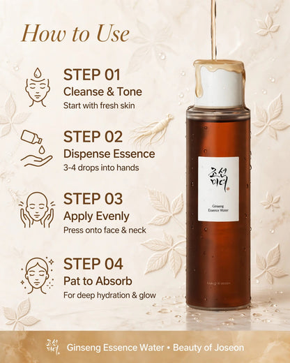 Beauty of Joseon, Ginseng Essence Water, K-Beauty, Korean Skincare, Hydrating Toner, Niacinamide Toner, Anti-Aging Essence, Brightening Toner, Ginseng Skincare, Glass Skin, Moisture Barrier Repair, Cruelty-Free Skincare