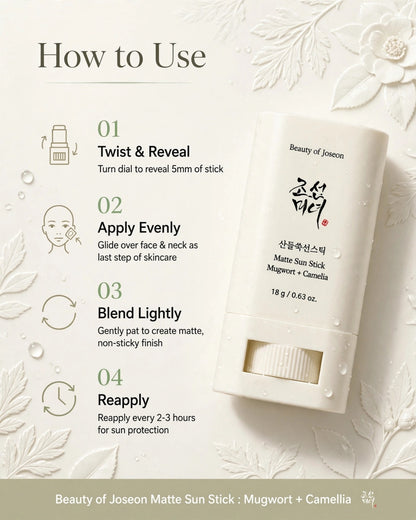 Beauty of Joseon Matte Sun Stick: Mugwort + Camelia SPF 50+ (18g)