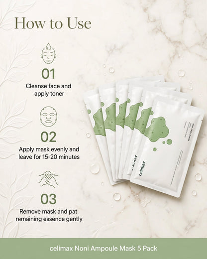celimax The Real Noni Energy Ampoule Mask Pack (5 Sheets) | Deep Hydration & Soothing